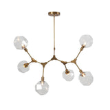 Handcrafted 6-light molecular brass chandelier with crystal glass globes in brushed brass finish by Brass Leaf Studio