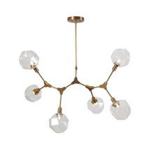 Handcrafted 6-light molecular brass chandelier with crystal glass globes in brushed brass finish by Brass Leaf Studio