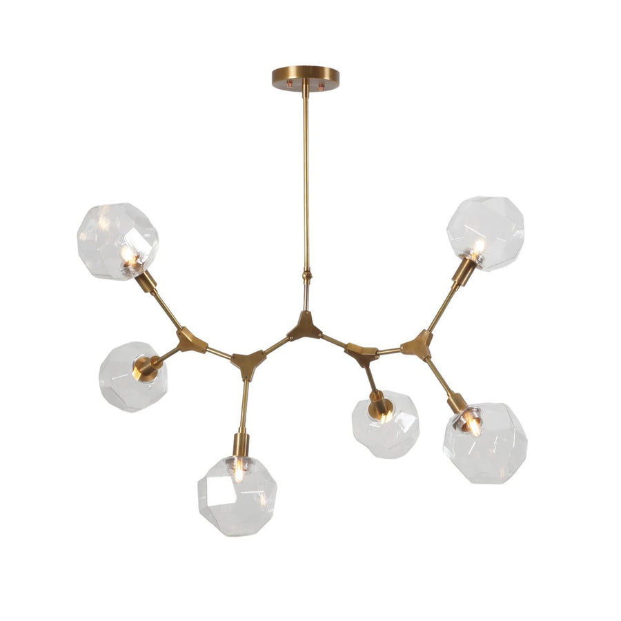 Handcrafted 6-light molecular brass chandelier with crystal glass globes in brushed brass finish by Brass Leaf Studio