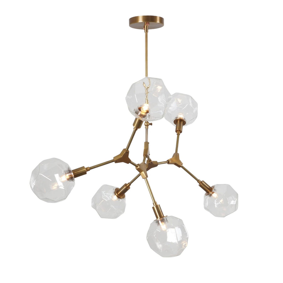 Handcrafted 6-light molecular brass chandelier with crystal glass globes in brushed brass finish by Brass Leaf Studio