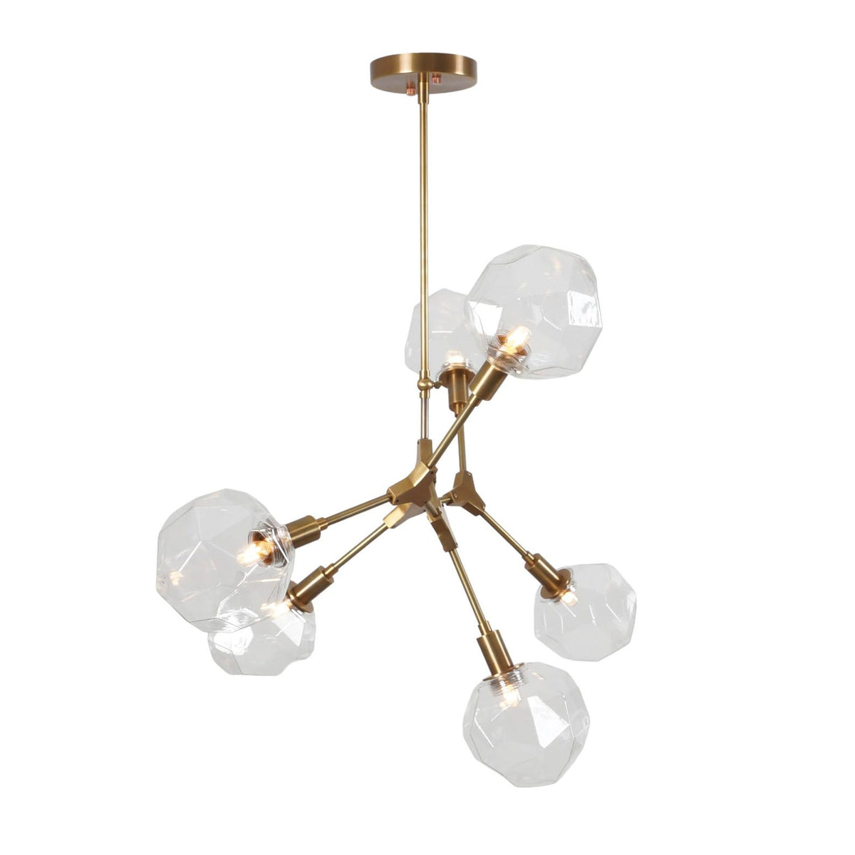 Elegant handcrafted brass chandelier with six faceted glass globes in mid-century modern style