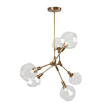 Elegant handcrafted brass chandelier with six faceted glass globes in mid-century modern style