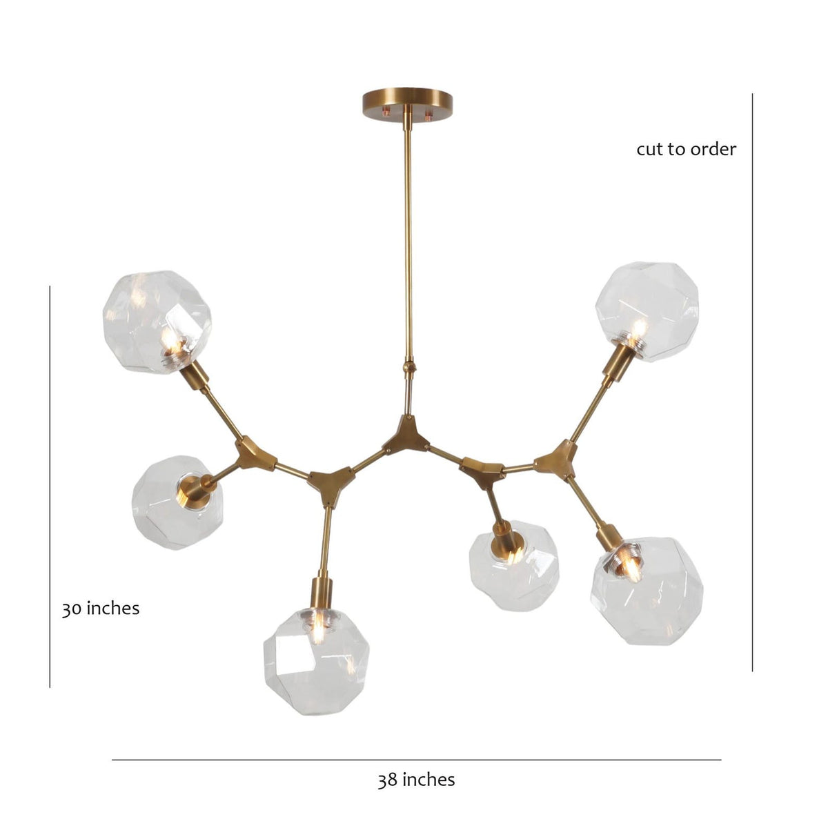 Brass molecular chandelier showing 38-inch width and 30-inch height with clear crystal glass globes and brushed brass frame