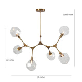 Brass molecular chandelier showing 38-inch width and 30-inch height with clear crystal glass globes and brushed brass frame