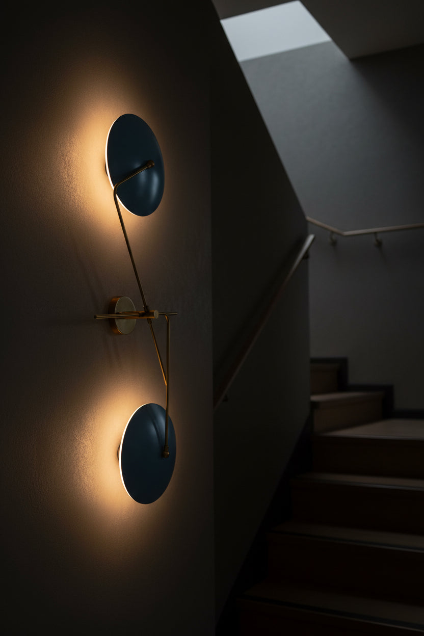 Modern solid brass wall sconce with two blue disc shades designed for bedroom, hallway, and living room walls