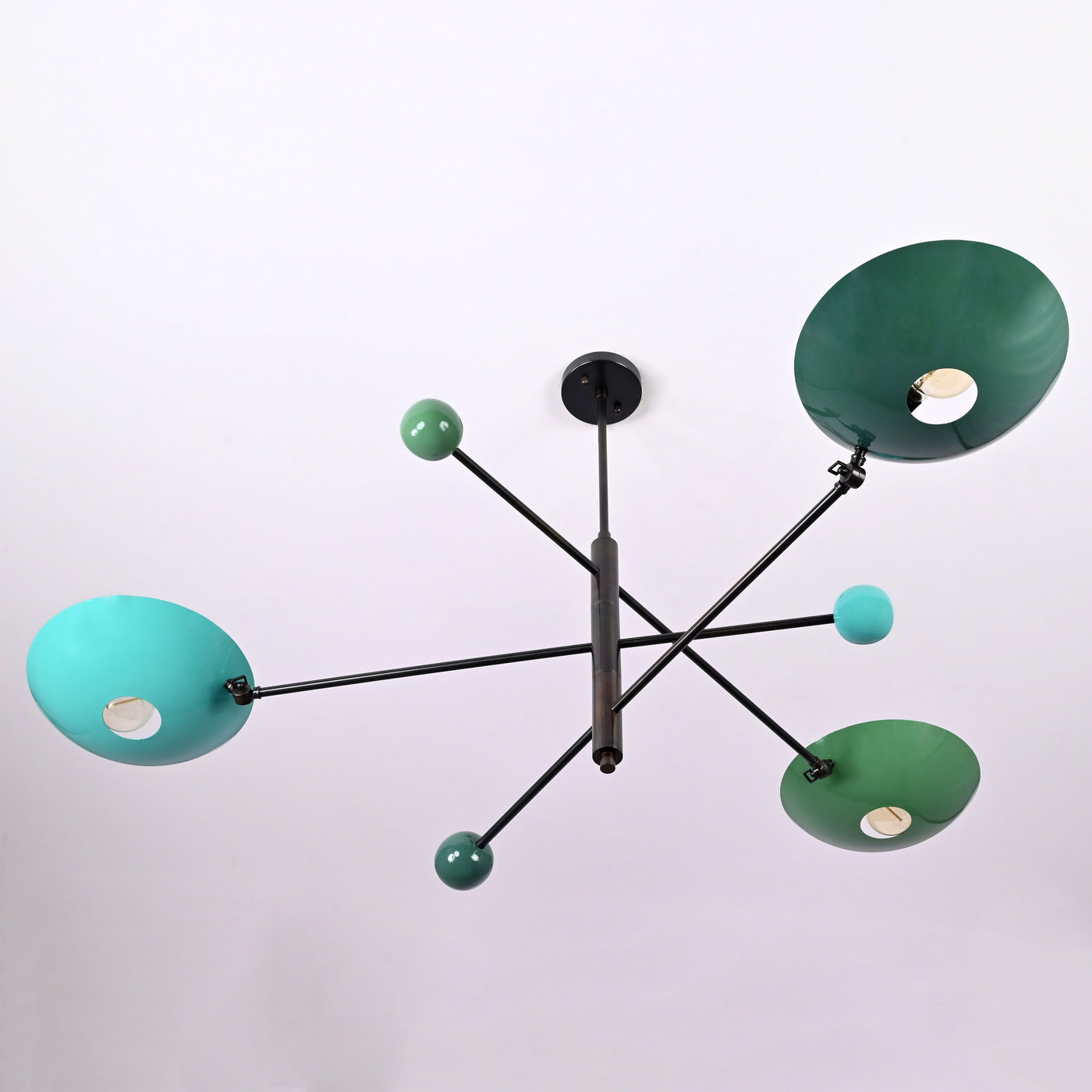 Modern Sputnik chandelier with three colorful disc shades and brass frame, handmade ceiling light by Brass Leaf Studio