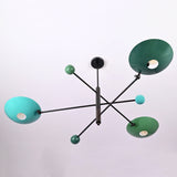 Modern Sputnik chandelier with three colorful disc shades and brass frame, handmade ceiling light by Brass Leaf Studio