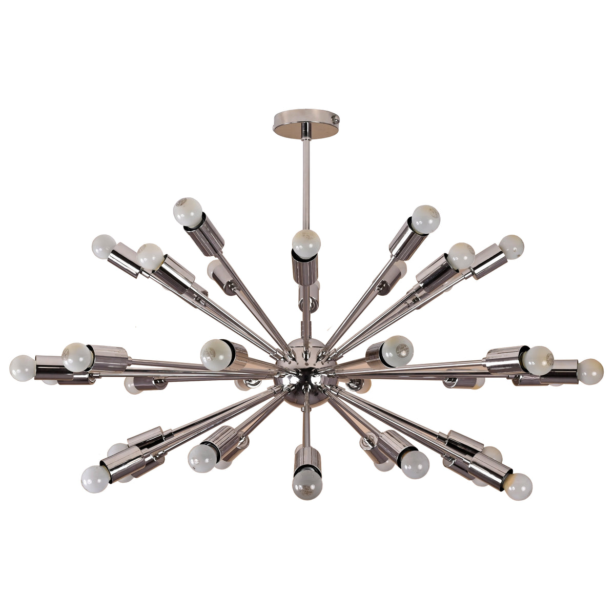 Modern 34-light brass Sputnik chandelier illuminated with bulbs, suspended from ceiling