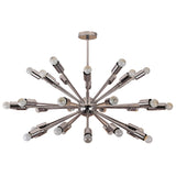 Modern 34-light brass Sputnik chandelier illuminated with bulbs, suspended from ceiling