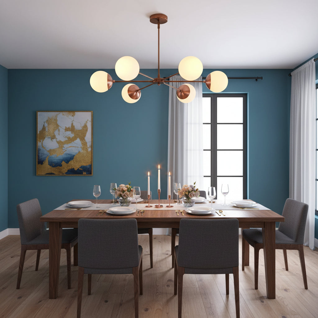 Monaco 6-light glass globe chandelier with copper patina brass arms and warm glowing white glass globes
