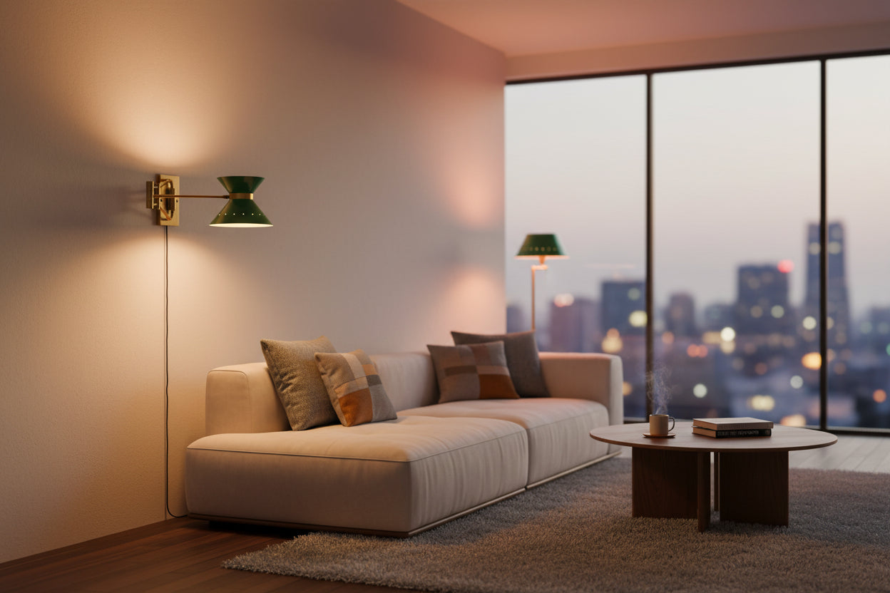 Movable arm brass wall light shown illuminated with green double cone shade and soft warm lighting