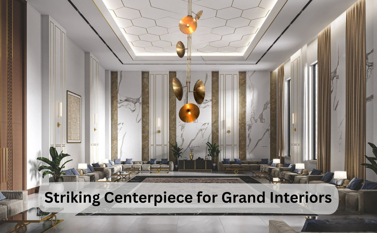 Brass chandelier in marble hallway, bold multi-disc structure