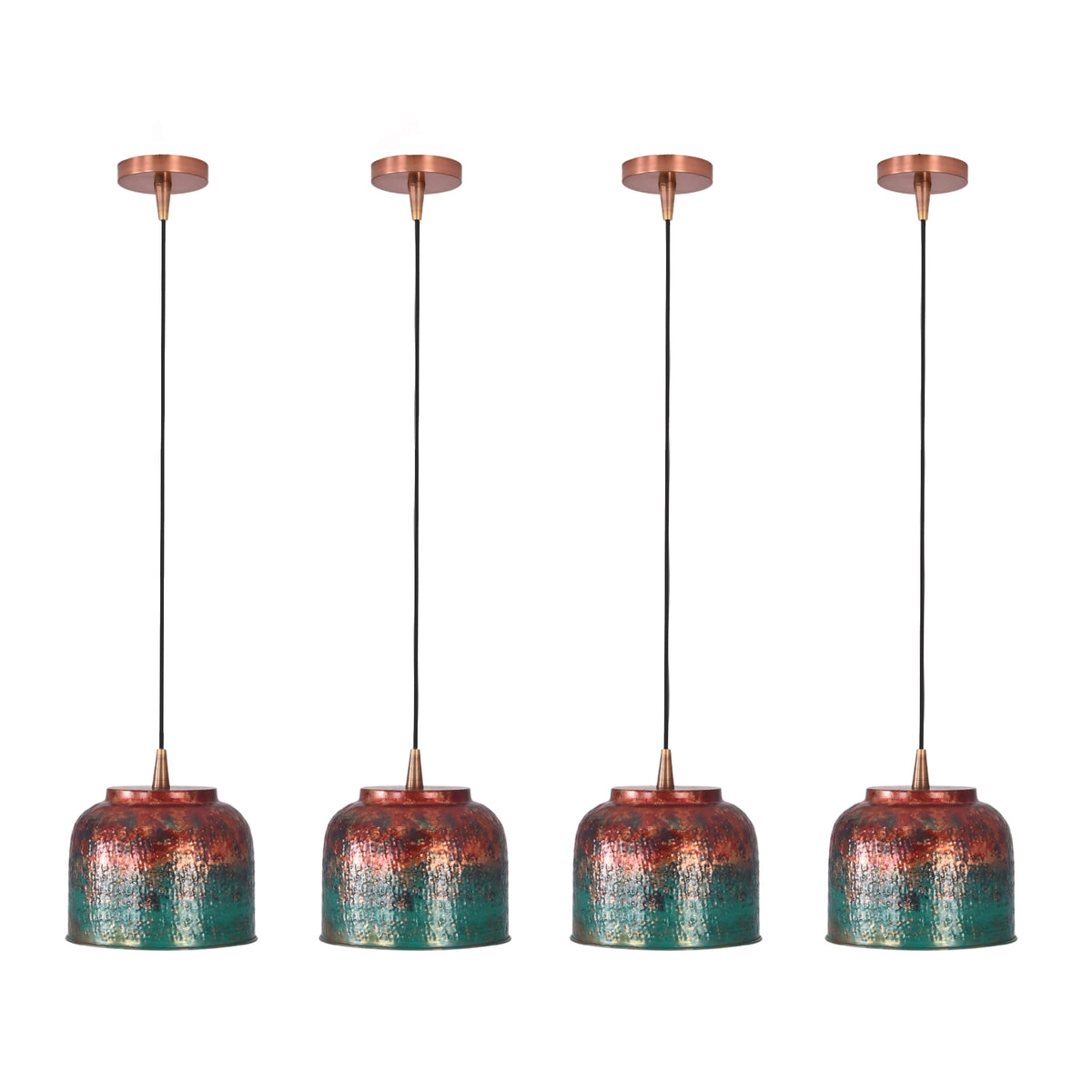 Closeup of multicolor patina pendant shade with red, teal, copper, and textured artistic surface detail
