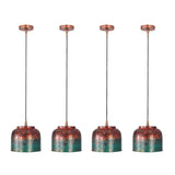 Closeup of multicolor patina pendant shade with red, teal, copper, and textured artistic surface detail