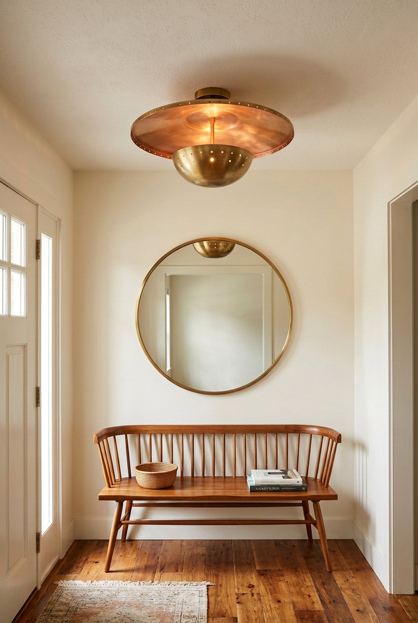 Mykonos 3 light brass patina flush mount with perforated disc and rounded lower bowl in a sculptural ceiling design