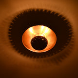 Solid brass flush mount ceiling lamp with 3 lights, sculptural bowl and perforated architectural detailing