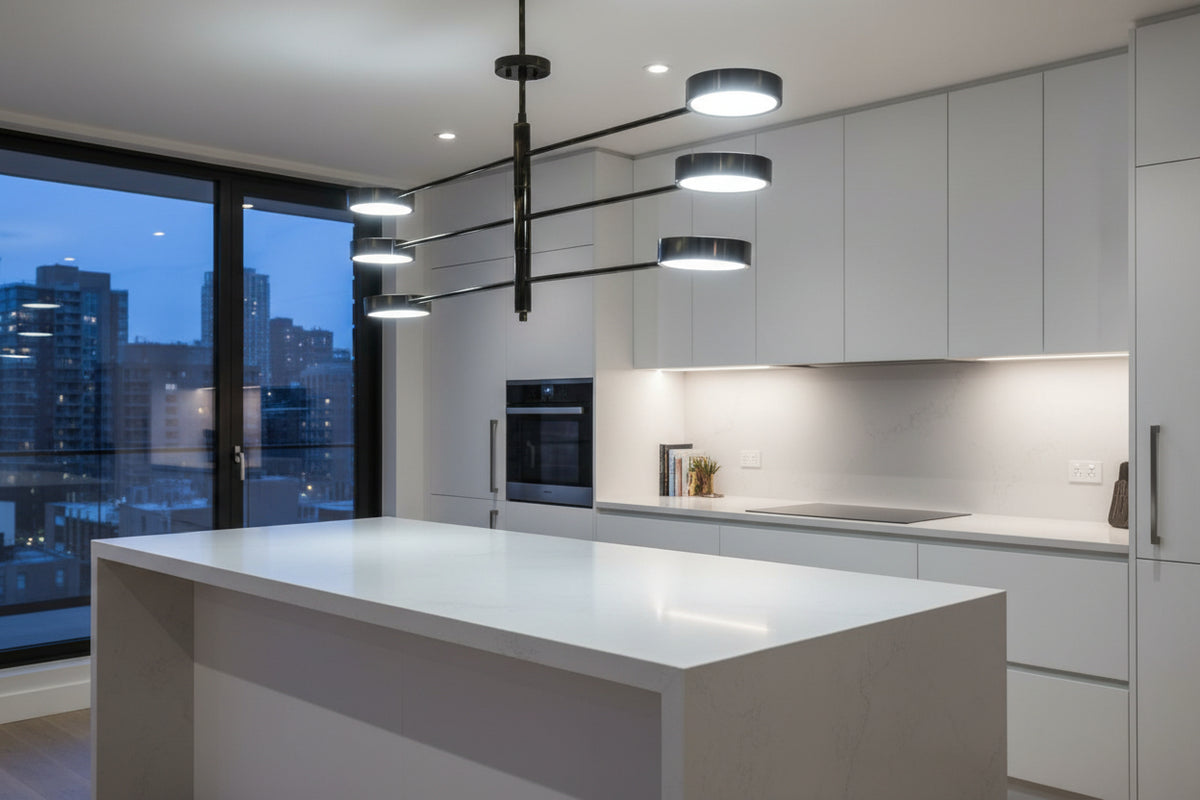 Natural black brass LED pendant light with three slim arms and six round illuminated disc heads