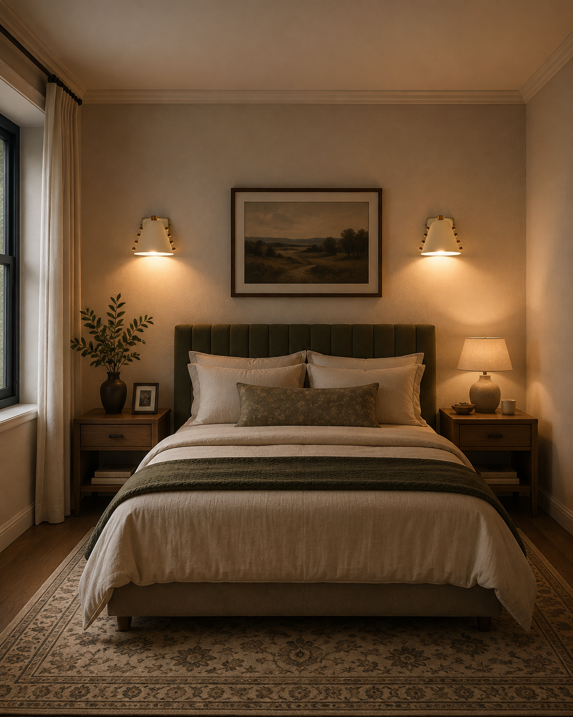 Set of two white shade wall sconces with warm downward glow for bedroom, hallway, bathroom, and entryway lighting