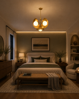 Front view of opal globe brass chandelier with lotus-inspired petals, rigid ceiling rod, and compact three-light design