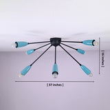 Dimensioned view of 8-light orbit brass flush mount chandelier showing 37 inch width and 16 inch height
