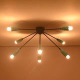 Indirect ceiling illumination from orbit brass flush mount light with eight exposed bulbs