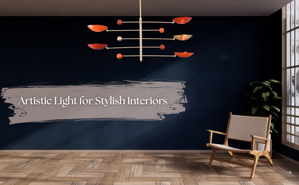 Contemporary chandelier with brass body and orbit-inspired red domes