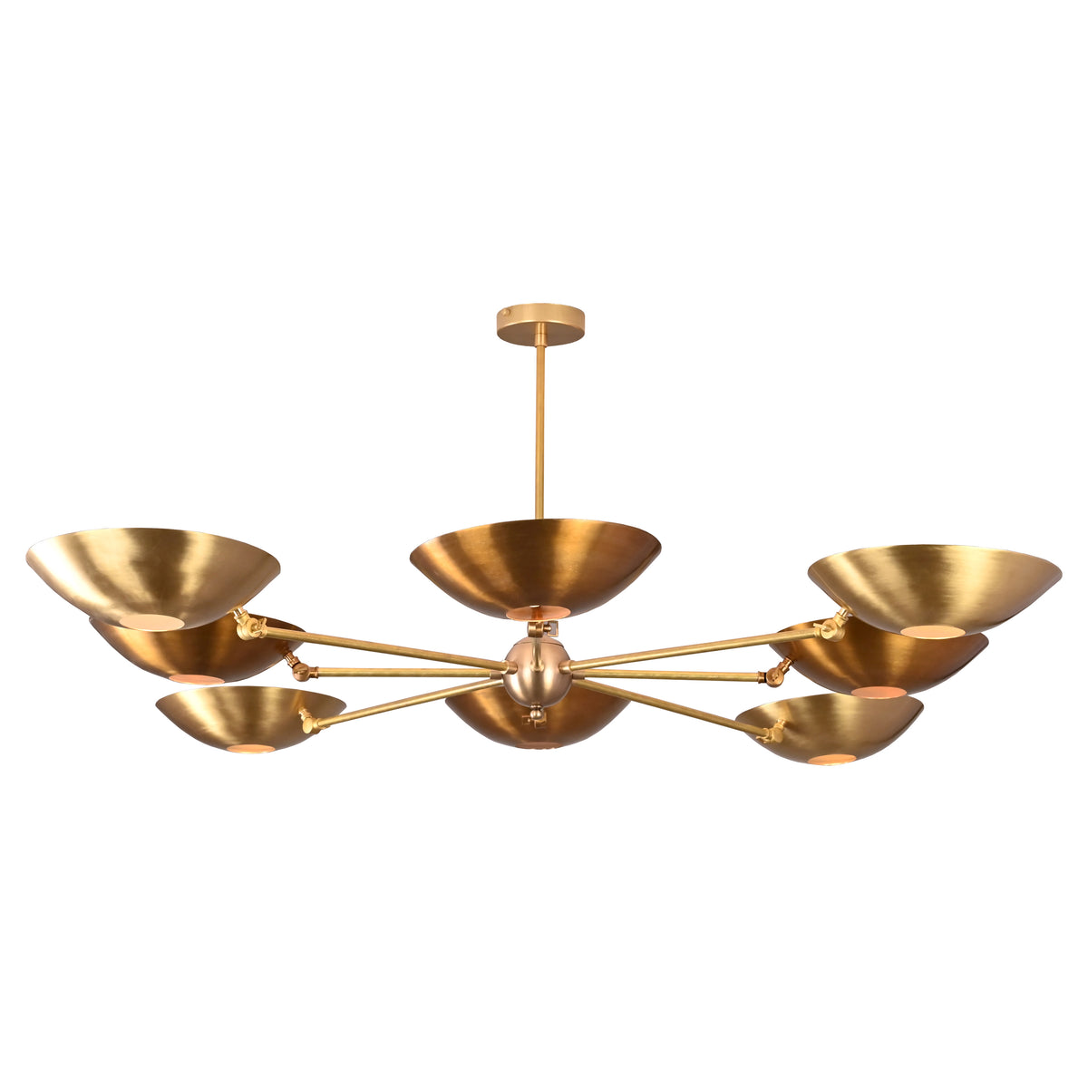 Illuminated chandelier with 8 glowing disc shades casting ambient light in a warm golden hue