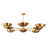 Illuminated chandelier with 8 glowing disc shades casting ambient light in a warm golden hue