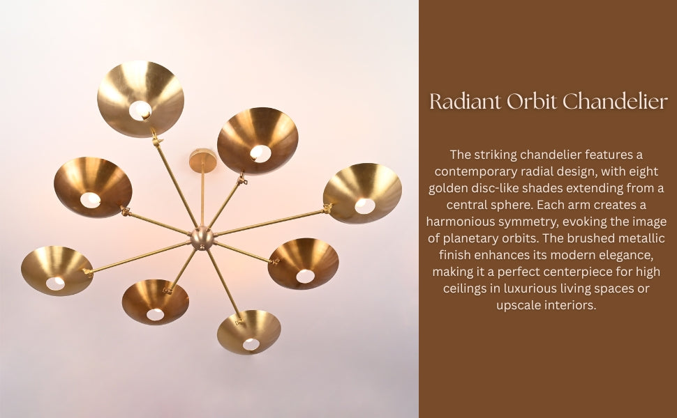 Straight-on product view of brushed brass chandelier with symmetrical 8-light bowl layout
