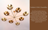 Straight-on product view of brushed brass chandelier with symmetrical 8-light bowl layout