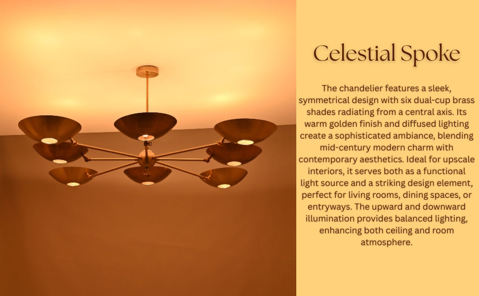 View from below of patina-finish chandelier lit in warm amber tones with radial brass arms