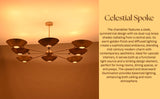 View from below of patina-finish chandelier lit in warm amber tones with radial brass arms