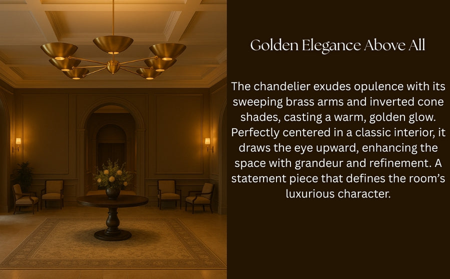 Grand brass chandelier with inverted cone shades installed in an elegant classical lobby with warm ambient lighting