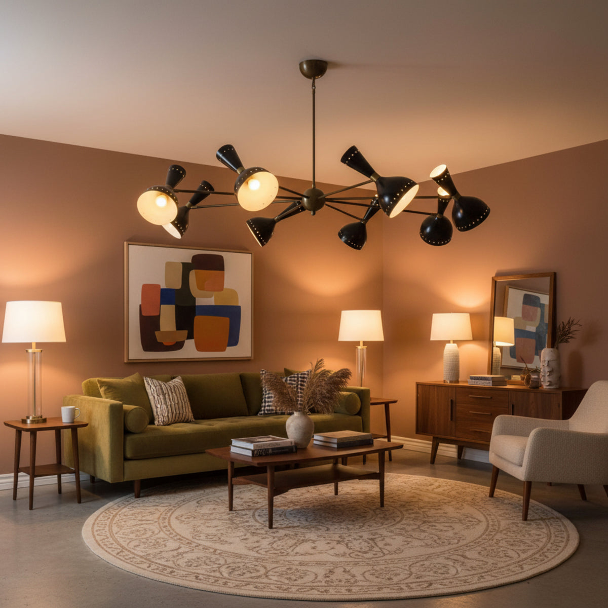 Orion 16 light black Mid-Century chandelier illuminated angled view