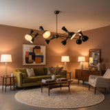 Orion 16 light black Mid-Century chandelier illuminated angled view