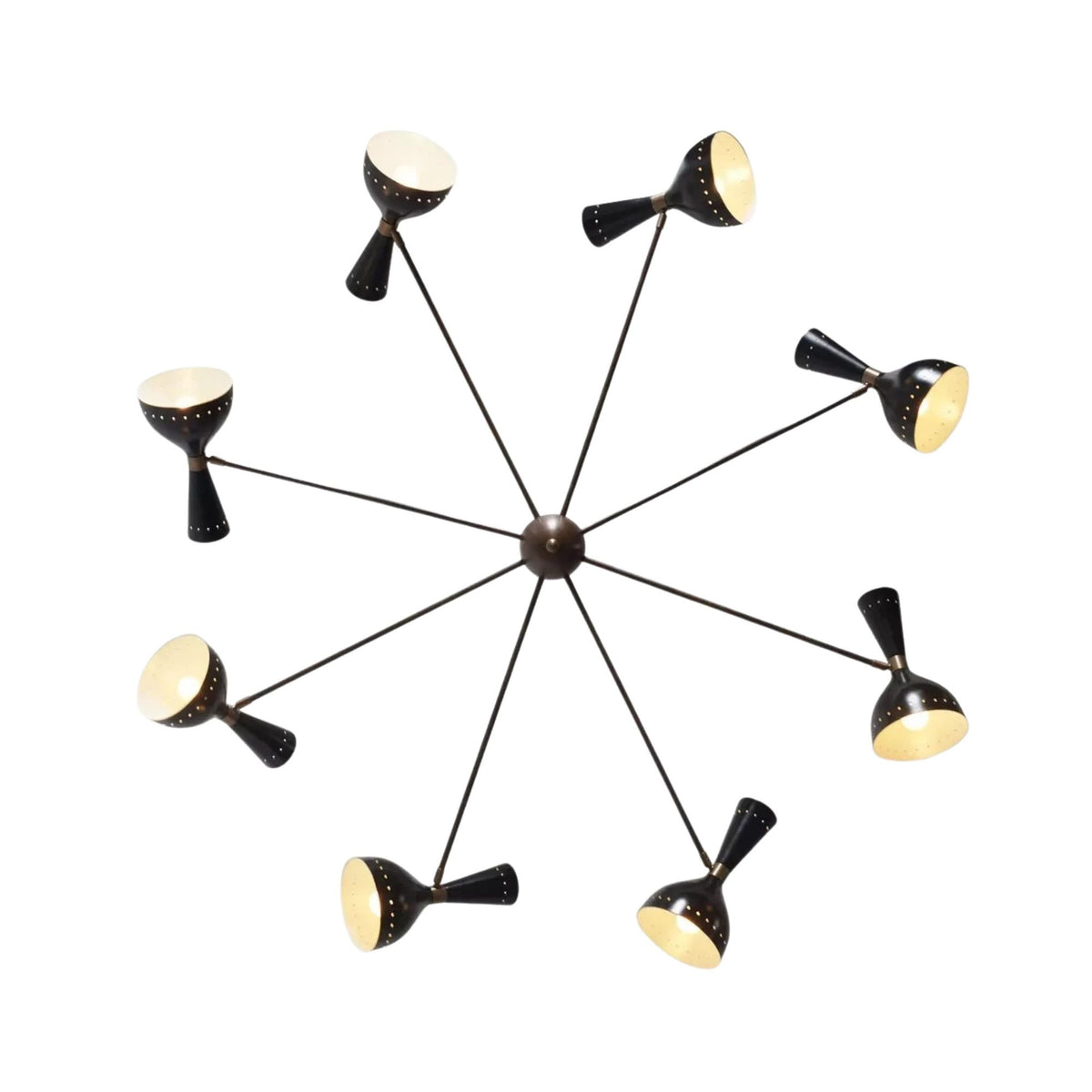 Orion 16 light radial chandelier bottom view with black shades and brass accents