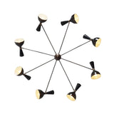 Orion 16 light radial chandelier bottom view with black shades and brass accents