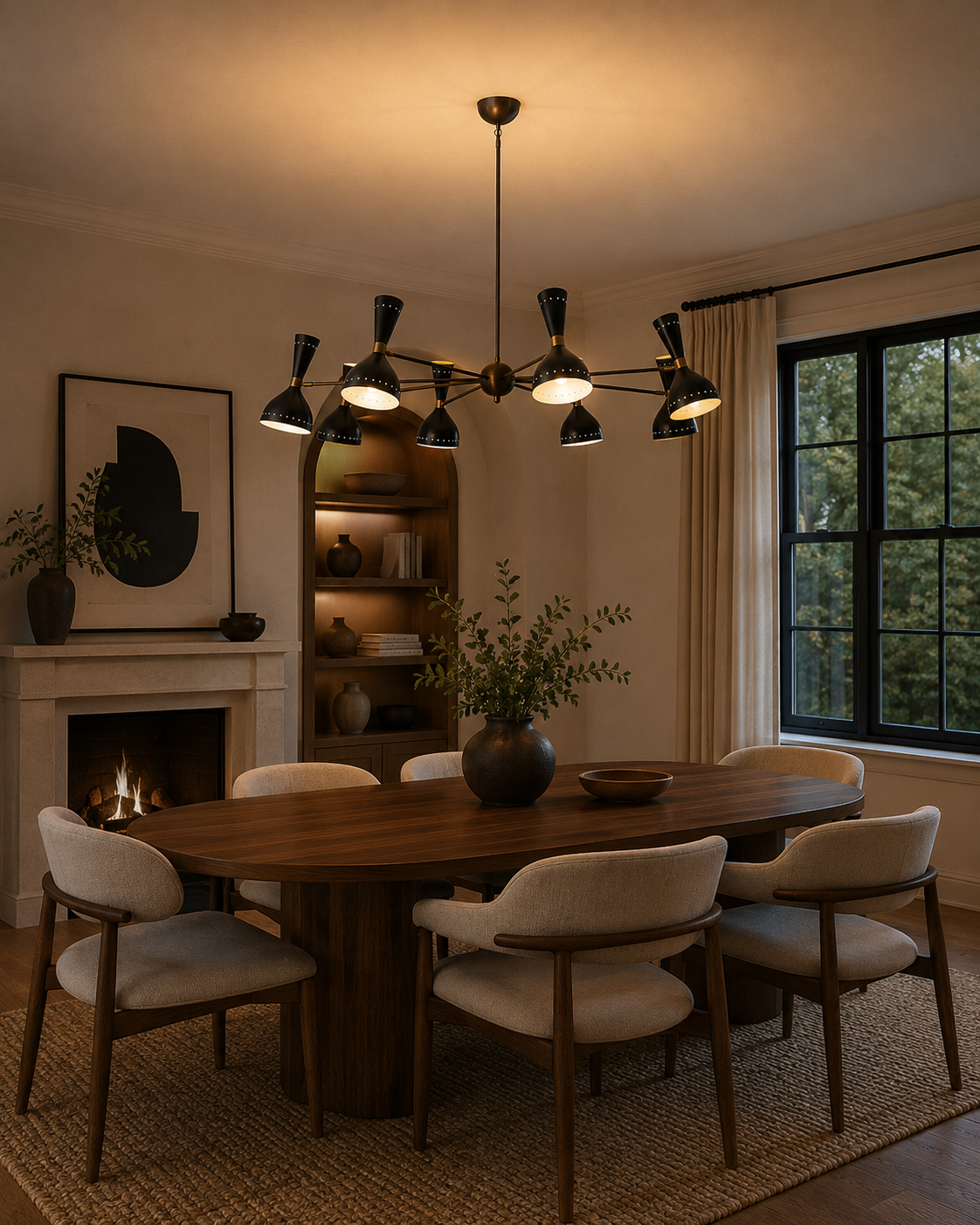Orion 16 light black and brass chandelier styled above a modern dining room table