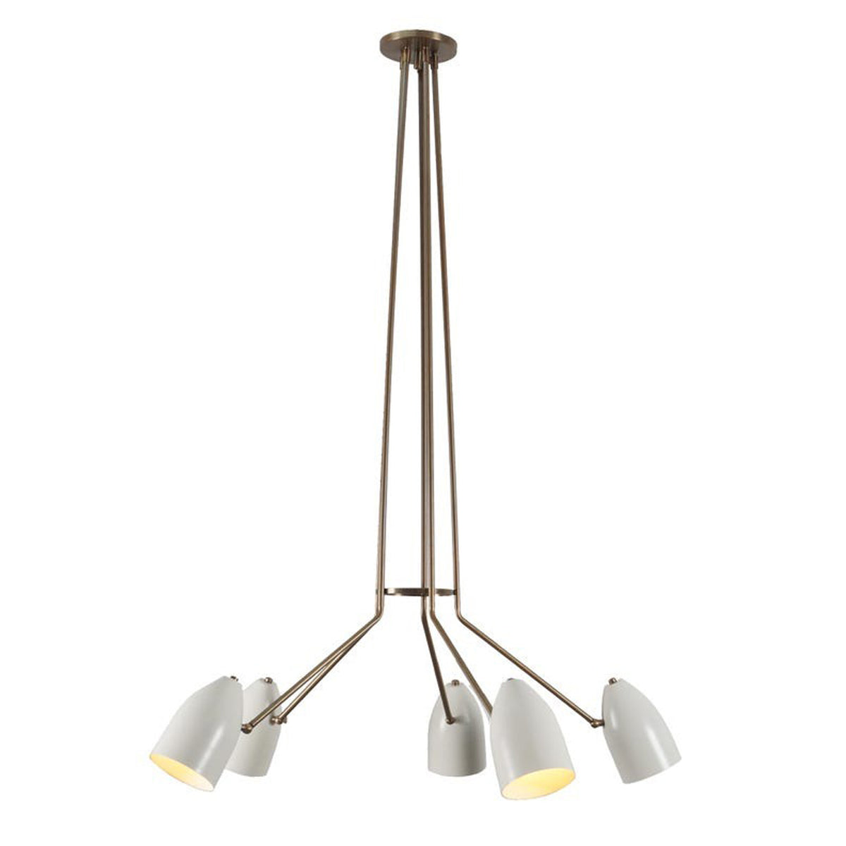 Front view of the Orion 5 Light Multi-Arm Cone Chandelier 34 Inch Model 62069 featuring handcrafted white tapered cone shades and an elegant multi-arm design.