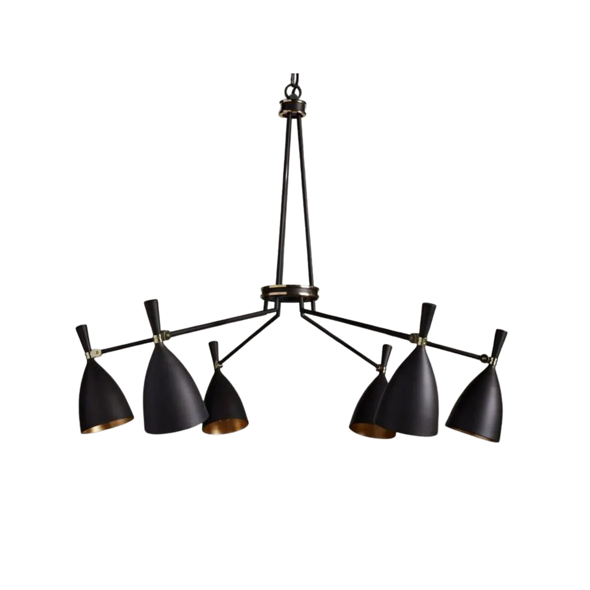 Orion 6 Light Cone Chandelier Model 33170 detailed view showing black frame and warm metallic shade interiors