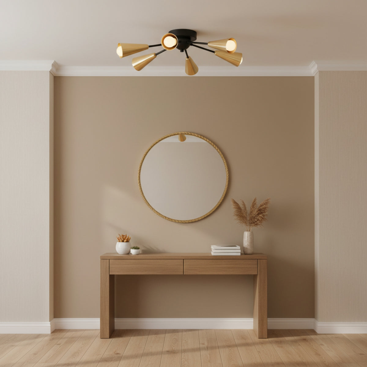 Alternate angle of Orion Mid-Century Modern 6-light brass cone flush mount ceiling light