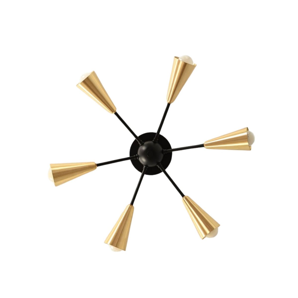 Bottom view of Orion 6-light Sputnik flush mount with brass cone shades and black metal frame