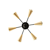 Bottom view of Orion 6-light Sputnik flush mount with brass cone shades and black metal frame