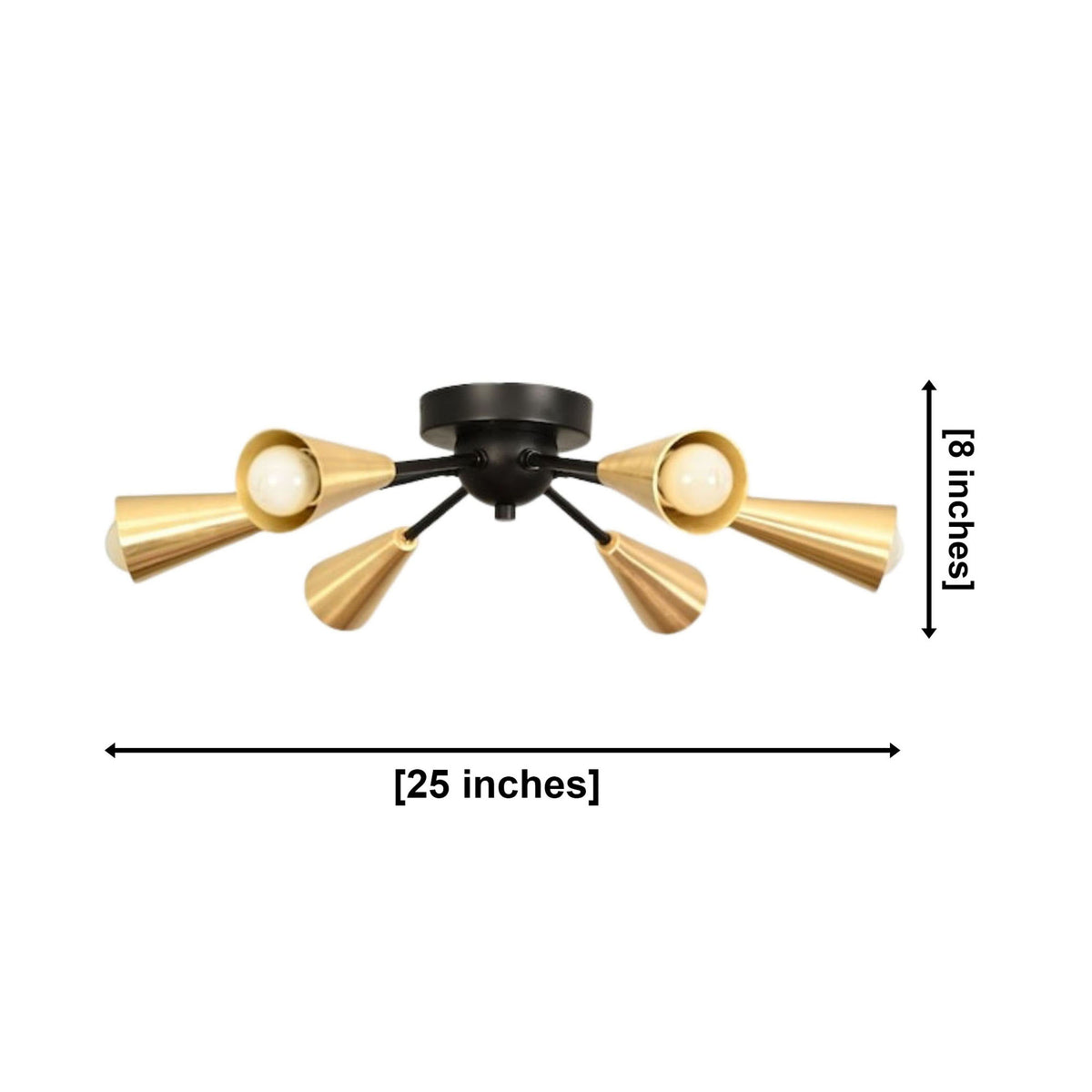 Orion 6-light brass cone Sputnik flush mount dimensions, 25 inches wide and 8 inches high