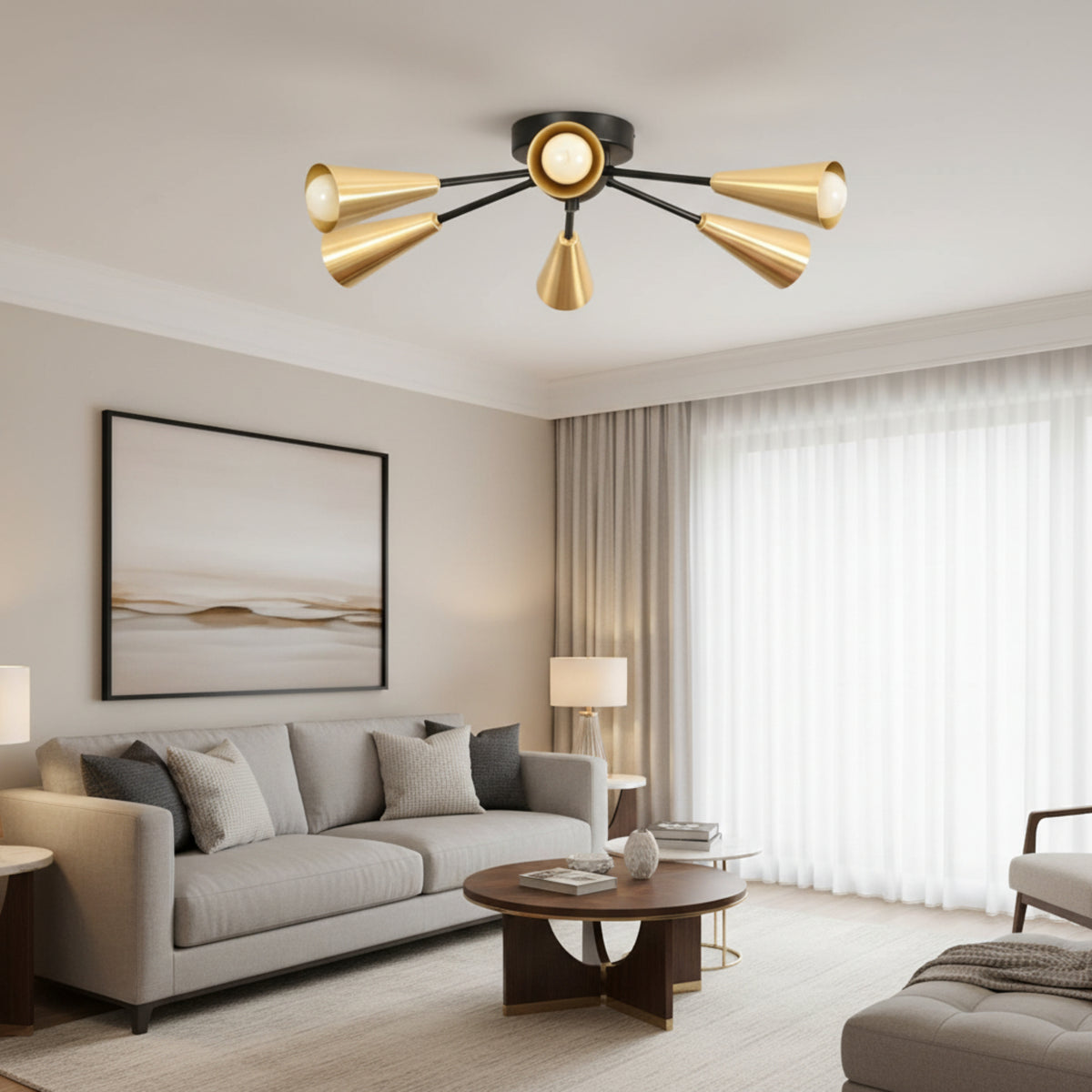 Orion brass cone Sputnik flush mount chandelier with 6 lights and black radial arms, front view