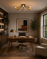 Orion brass cone 6-light Sputnik flush mount installed in a warm Mid-Century Modern home office interior