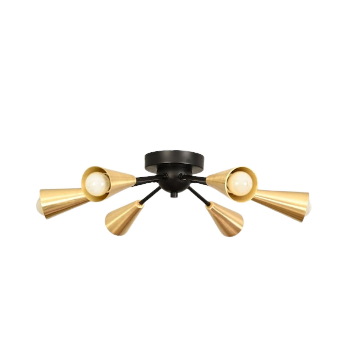 Side angle view of Orion 6-light brass cone Sputnik flush mount chandelier