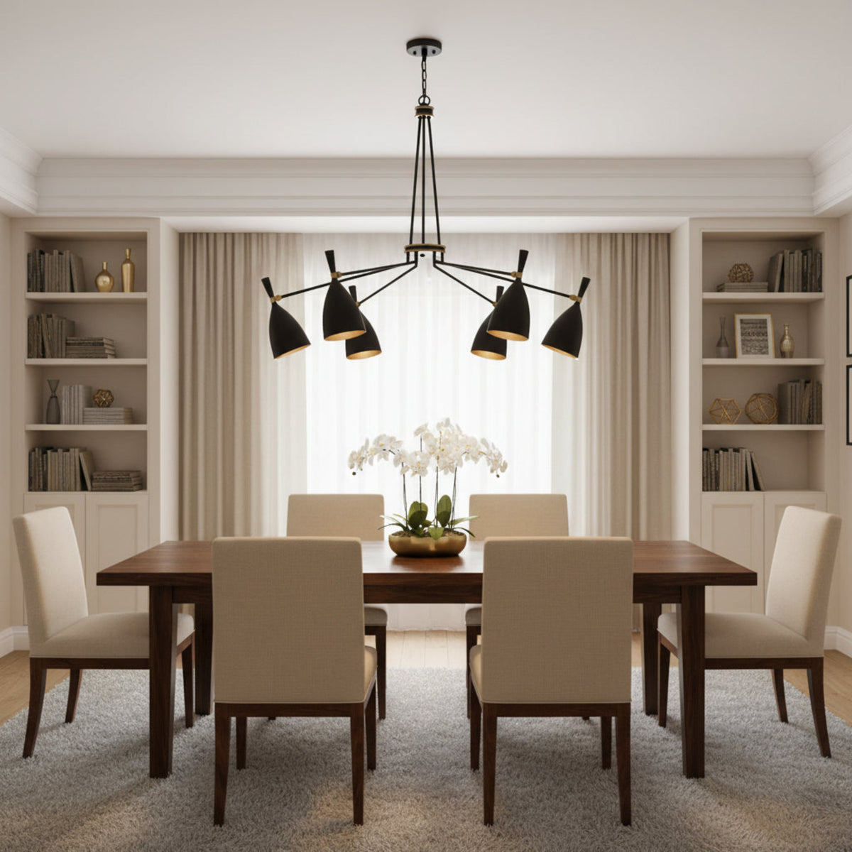Orion Multi-Cone Chandelier 6 Light 48 Inch Model 33170 front view with black cone shades and warm metallic interiors