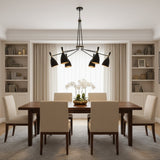 Orion Multi-Cone Chandelier 6 Light 48 Inch Model 33170 front view with black cone shades and warm metallic interiors