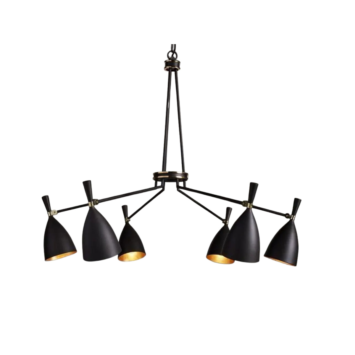 Orion 6 Light Multi-Cone Chandelier Model 33170 with sculptural black shades and branching arms